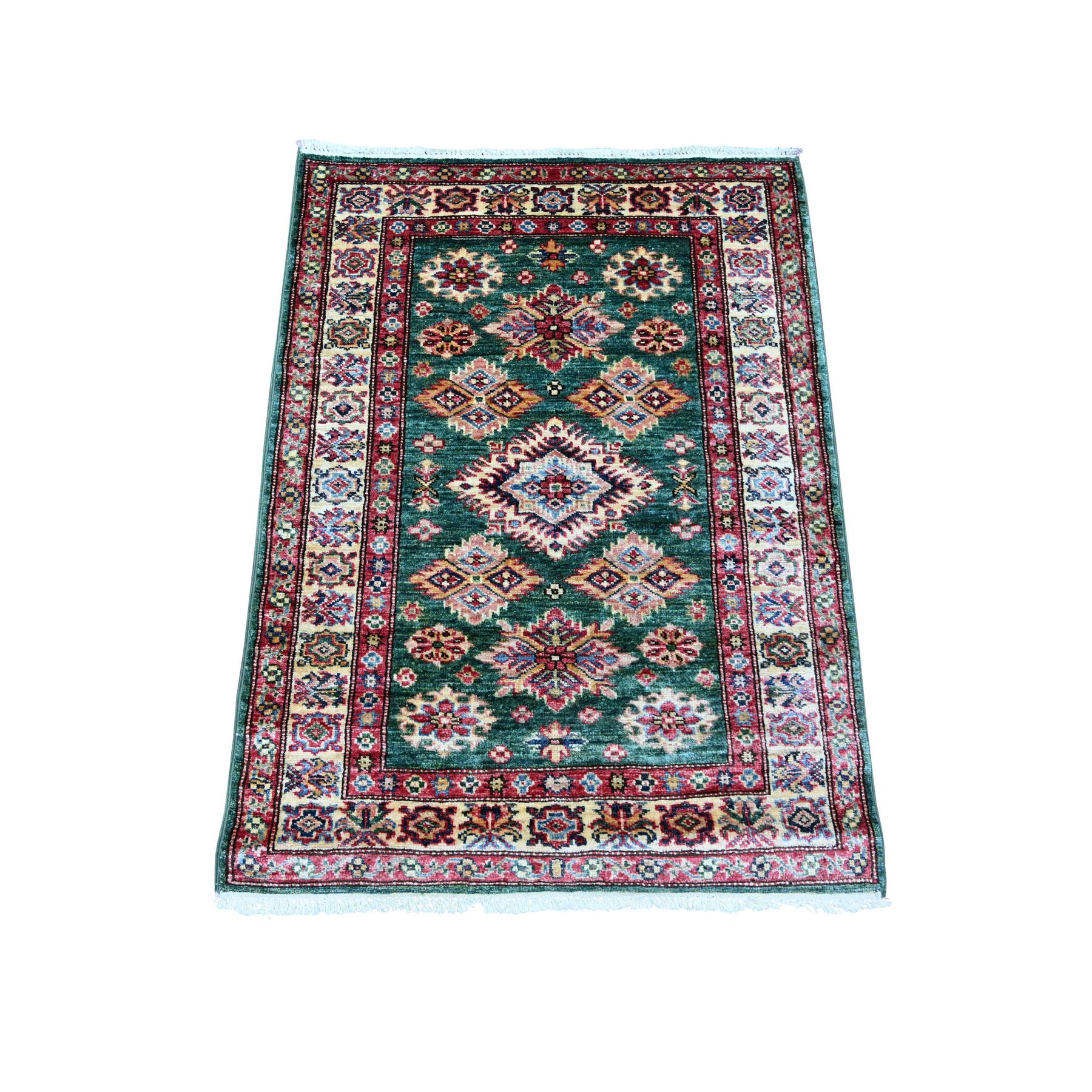 Cadmium Green, Afghan Super Kazak with Geometric Medallions Design, Hand Knotted, Soft and Shiny Wool, Vegetable Dyes, Sample, Mat, Oriental Rug